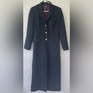 The J. Peterman Company black wool trench coat with gold accent buttons; size 6